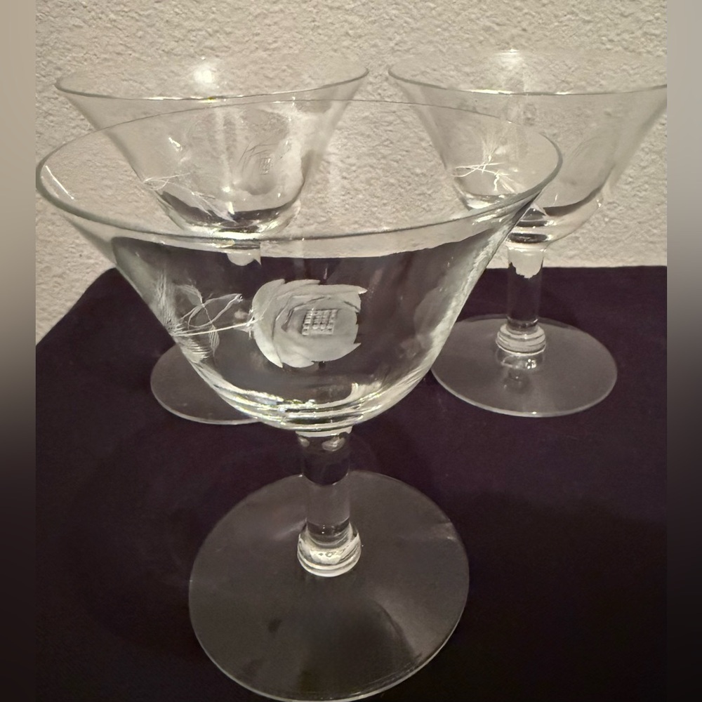 3 Cordial or Martini glasses w/etched roses. 4.5” 5oz MCM